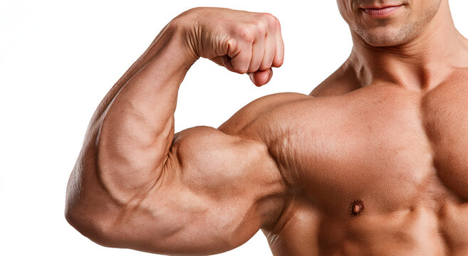 close-up of a male bicep flexing the muscle, isolated on a transparent background 