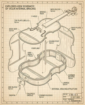Exploded-View Schematic of Violin Internal Bracing, Technical Blueprint Diagram for Luthier Woodworking