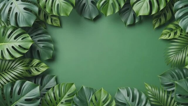 Tropical green leaves opening to reveal central copy space, lush botanical frame for summer sales, eco branding, wellness, skincare, travel and natural product advertising.