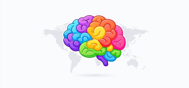 Vibrant brain illustration set against a soft world map background, promoting global health awareness.