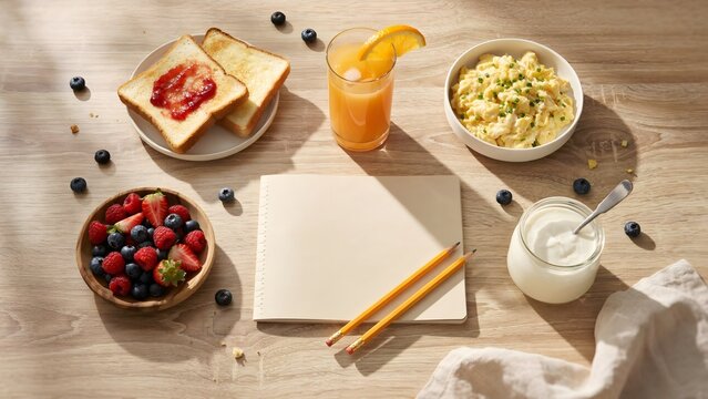 Healthy breakfast spread with eggs berries juice and notepad &ndash; Perfect for back to school campaigns, wellness habits, or lifestyle.