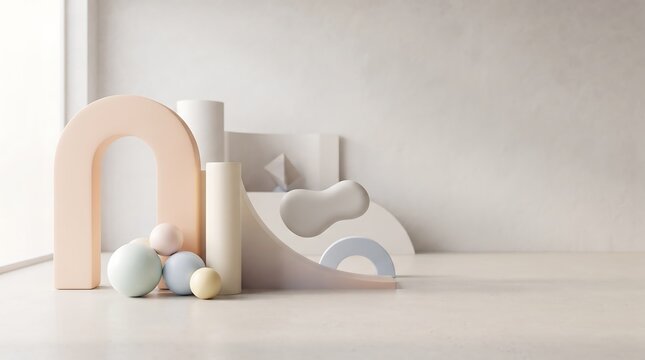 Minimalist abstract product display podium featuring pastel colored geometric shapes and cylinders arranged on a smooth white surface for luxury branding background