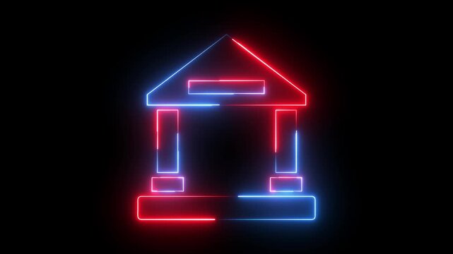 Glowing neon red and blue color home icon animation house apartment building address sign symbol on black background