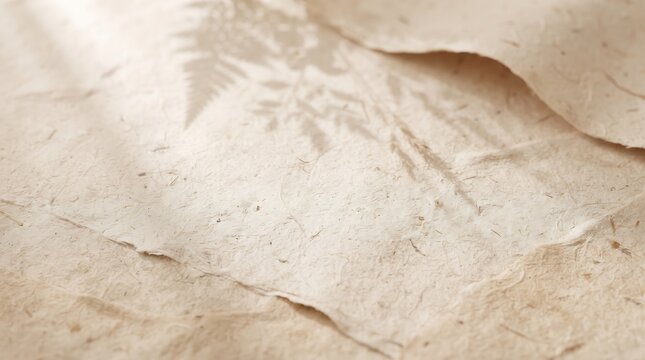 Natural handmade beige paper sheets with rough texture and organic fibers featuring a soft fern leaf shadow overlay for elegant creative design