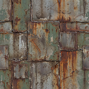 Seamless Patchwork Rusty Metal Plates Texture - Weathered Steel Armor Surface

Descripci&oacute;n: High-resolution seamless texture background of overlapping, crude metallic plates welded together with heavy
