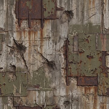 Seamless Damaged Concrete Wall with Corroded Metal Plates Texture - Industrial Bunker Decay

Descripci&oacute;n: Seamless texture of an old damaged concrete wall with peeling green paint, large cracks, expos