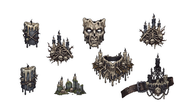 Dark gothic costume accessories featuring skull candles, wax mask, bone collar and haunted belt vector design