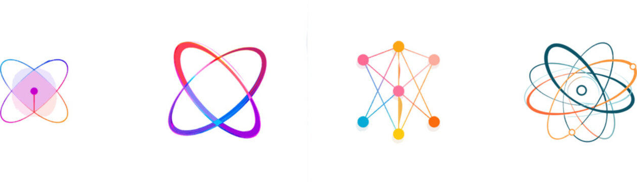 A minimalist flat vector icon features intersecting axis lines forming an abstract shape with vibrant colors and a central node, set against a pure white background