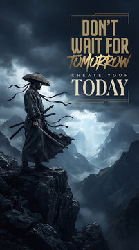 Samurai standing on mountain precipice overlooking misty valley with inspirational text don't wait for tomorrow stormy sky graphic design wall art
