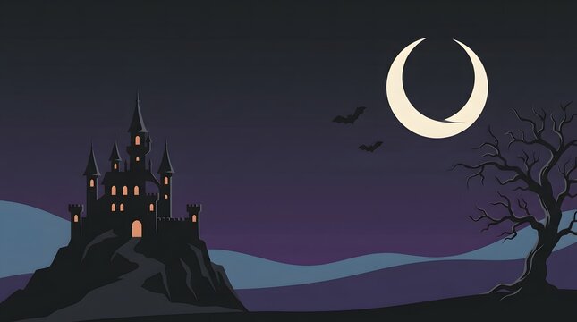 A spooky moon and haunted castle scene halloween background featuring a dark silhouette of a gothic mansion under crescent moonlight