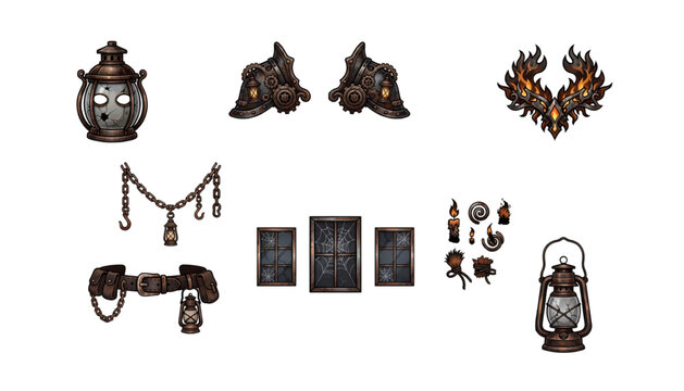 Gothic fantasy costume accessories featuring lantern mask, mechanical shoulder armor, chains and flame ornaments vector design