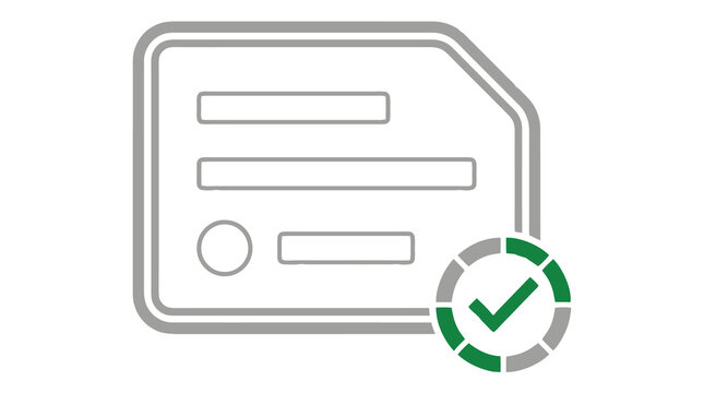 Minimal ID card icon with check mark badge, verified identification symbol isolated PNG