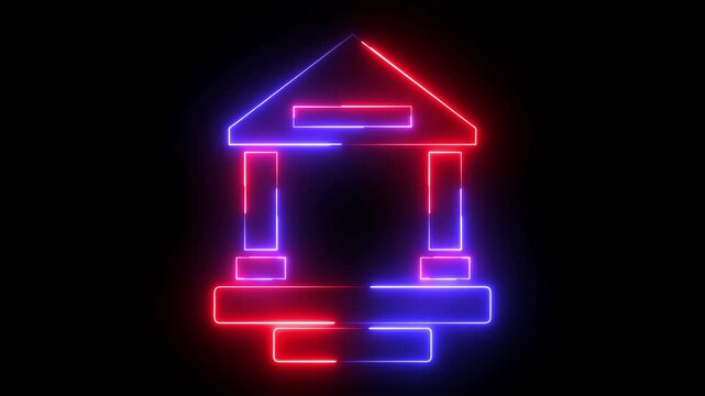 Glowing neon red and blue color home icon animation house apartment building address sign symbol on black background
