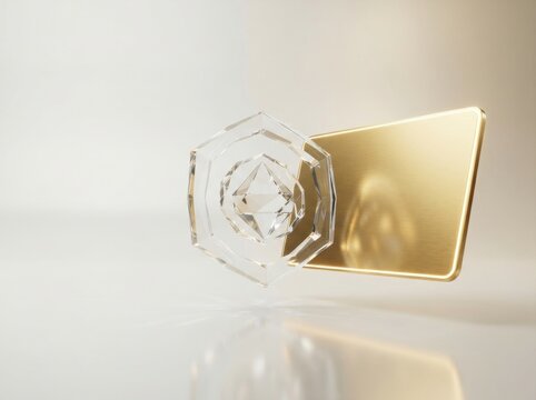 Floating gold credit card with abstract glass geometric shape for luxury banking concept