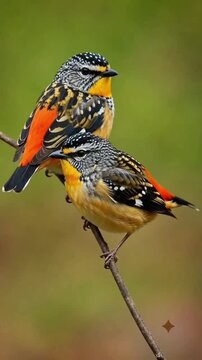 Two spotted pardalote birds perched together on branch colorful orange yellow black feathers Australian wildlife nature avian couple fauna outdoor environment photography
great tit parus major