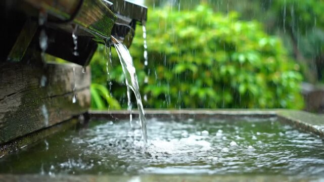 Rain falling into stone basin with lush green foliage background