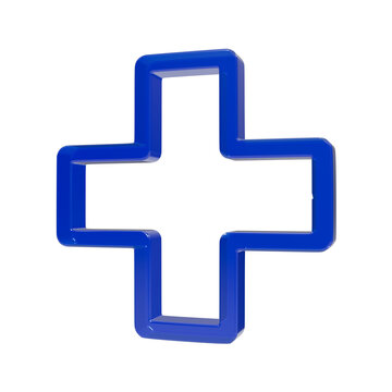 Blue glossy plus symbol icon representing healthcare and medical services for emergency response.