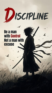 Discipline motivational poster with man with control quote featuring a samurai warrior silhouette with swords warrior illustration mental control