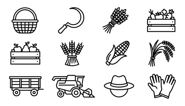 Farm Icons Set with Basket, Sickle, Wheat, Vegetables, and Agricultural Tools