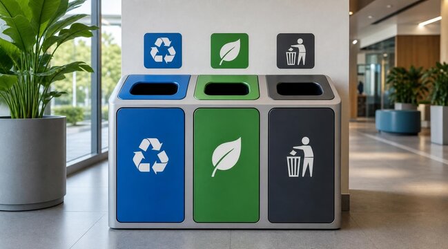 Three recycling and waste bins in a modern office hallway for environmental sustainability.