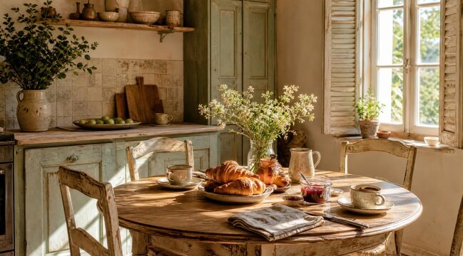 Cozy Rustic Kitchen Breakfast Scene with Sunlit Wooden Table and Croissants.