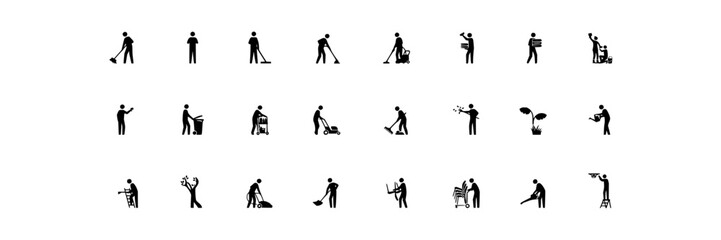 Fototapeta premium People set with diverse occupations featuring cleaning, gardening, construction, repair with tools and equipment