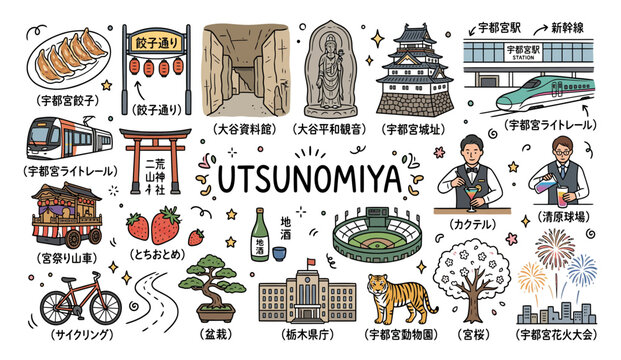 Utsunomiya Japan travel icons set featuring landmarks, food, and cultural activities illustration