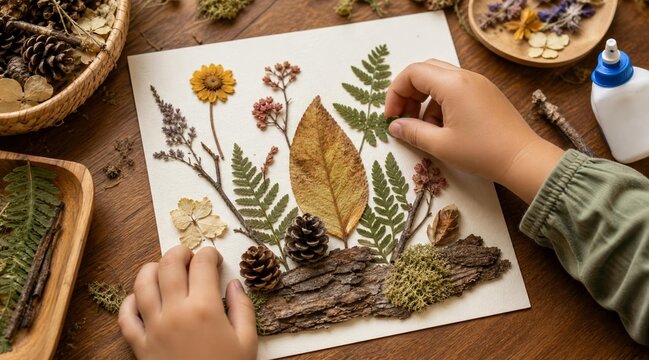 Person hands creating beautiful botanical art with dried leaves flowers and pinecones on white paper for DIY nature craft project.