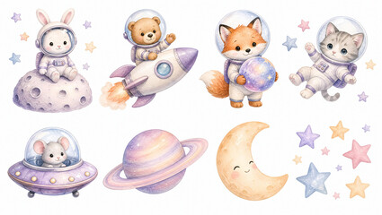 Naklejka premium Cute watercolor cosmic explorer animal clipart set. Astronaut bear fox rabbit cat mouse with rocket ufo planet crescent moon stars isolated on white background. For nursery decor card