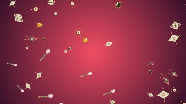 Abstract Floating Geometric Shapes and Celestial Icons on Red Background