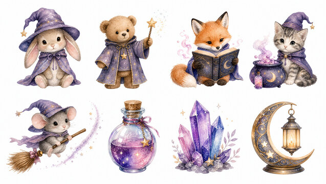 Cute watercolor wizard baby animals and magic clipart set. Bunny, bear, fox, and kitten in wizard hats with wand, spellbook, cauldron, potion, crystals, and lantern isolated on white background