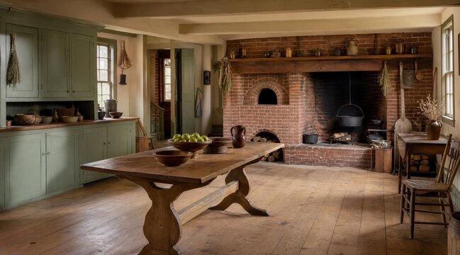 Historic Colonial Kitchen Interior with Large Fireplace and Wooden Table.