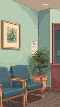 A Cozy and Inviting Waiting Room Interior Design Featuring Relaxing Greenery and Comfortable Seating for a Peaceful Atmosphere