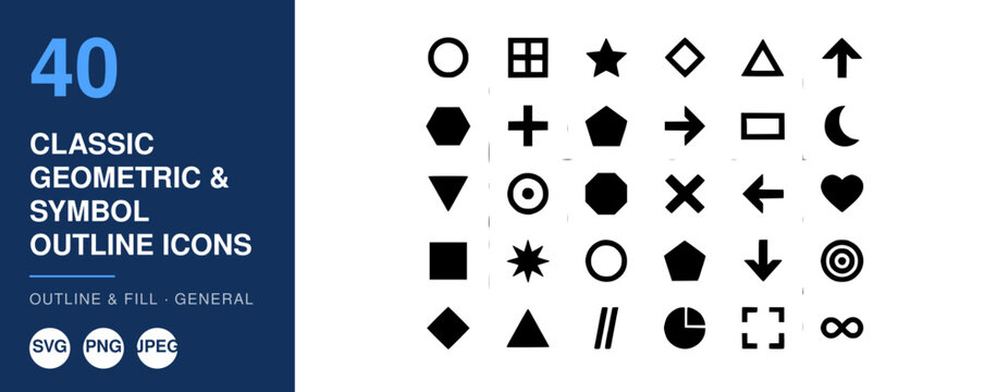 Classic Geometric Outline Icons Set, 40 Symbols Collection. Design Elements, Vector Illustration, Infographic Design.