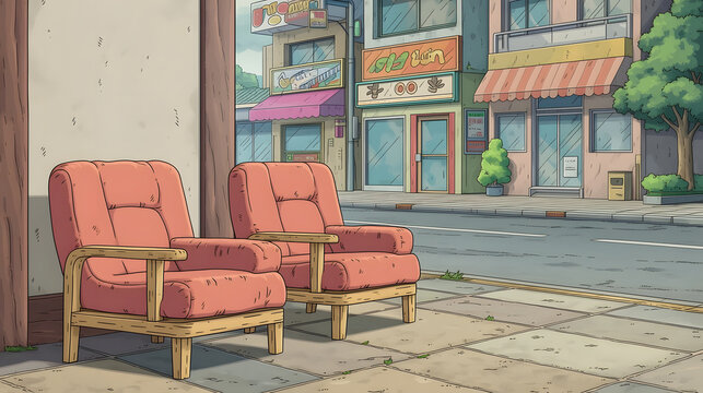 Charming Outdoor Seating: Cozy Chairs on a Lively Urban Street &ndash; A Perfect Blend of Relaxation and City Life