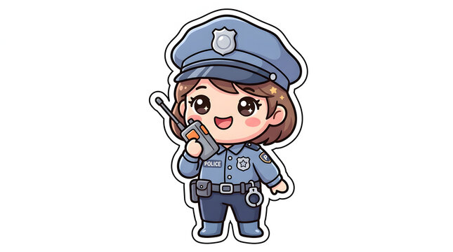 Cute female police officer standing confidently in a blue uniform and police cap, designed in a colorful chibi cartoon style.