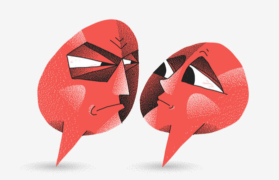 Dominant speech bubble face intimidating insecure person. Abstract psychological pressure, emotional manipulation, toxic communication and concept.