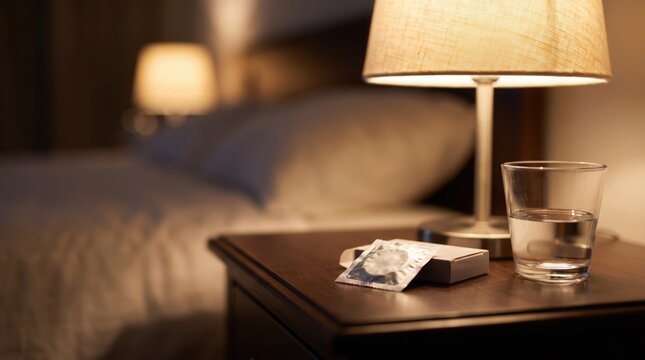 Silver condom wrapper on nightstand next to glowing lamp and glass of water.