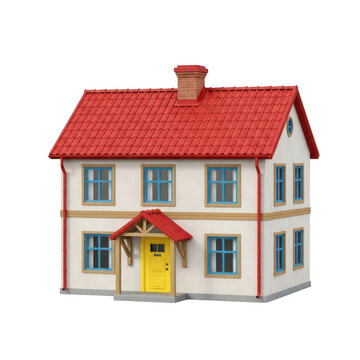 A small white house with a red roof and yellow door