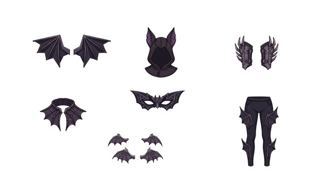 Dark fantasy bat costume elements featuring wing mask, pointed hood, winged collar, arm guards and leggings vector design