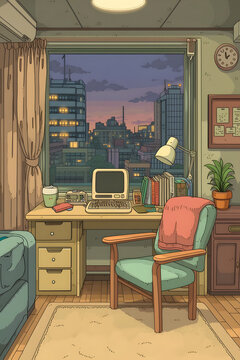 Explore a Cozy Urban Workspace: A Serene Evening Scene Captured in a Stylishly Designed Home Office with Vintage Elements and Modern Touches