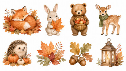 Naklejka premium Cute watercolor autumn animal clipart set. Forest animals with fall leaves pumpkins apples acorns lantern isolated on white. For thanksgiving and seasonal design