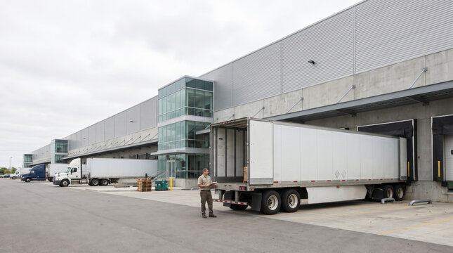 Focused supervisor reviewing paperwork beside open trailer at busy warehouse loading dock