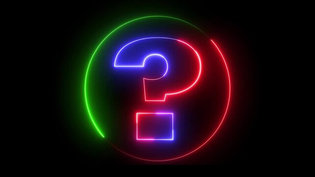 Glowing neon red green and blue color question mark sign icon animation quiz confusion mark punctuation interrogative sign education exam circle alphabet sign symbol on black background	