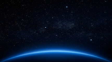 Fototapeta premium Cosmic Horizon: A stunning vista of the Earth's curved horizon glowing with ethereal blue light against a vast, star-studded night sky.