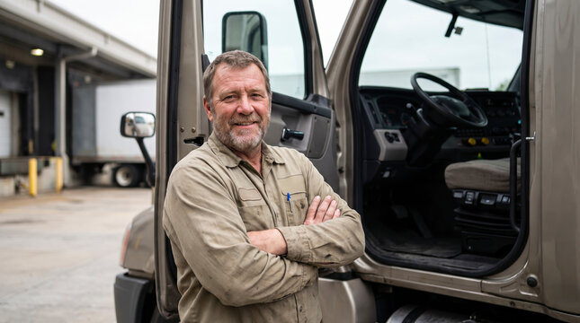 Resolute truck driver standing beside open cab door smiling at industrial shipping dock