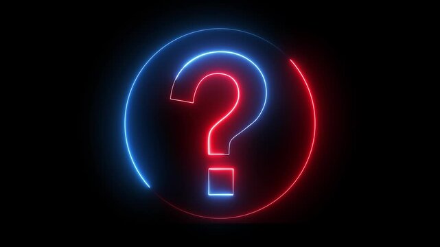Glowing neon red and blue color question mark sign icon animation quiz confusion mark punctuation interrogative sign education exam circle alphabet sign symbol on black background	