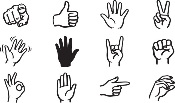 Black and white hand gestures, sign language symbols hands