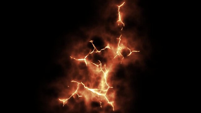 Abstract background featuring glowing orange lightning bolts and fiery energy cracks isolated on a solid dark black background