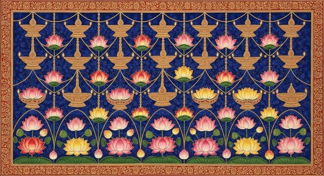 Intricate Indian Floral Pattern with Lotus Flowers and Lamps.